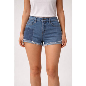 Unpublished sz 30 EUC destroyed denim blue jean shorts 90s patchwork raglan